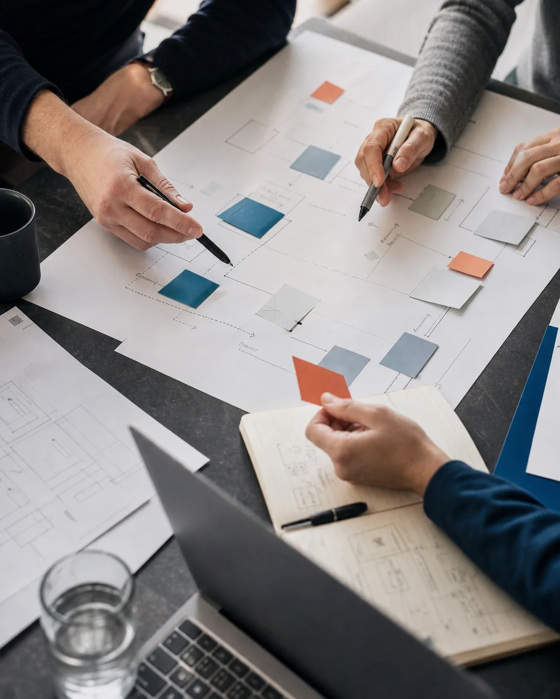 A team mapping a practical AI workflow around a table